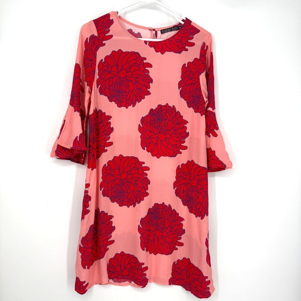 Mister Zimi Mini Shift Dress Floral Bell Sleeve Pink Boho Coastal Beach Size 6